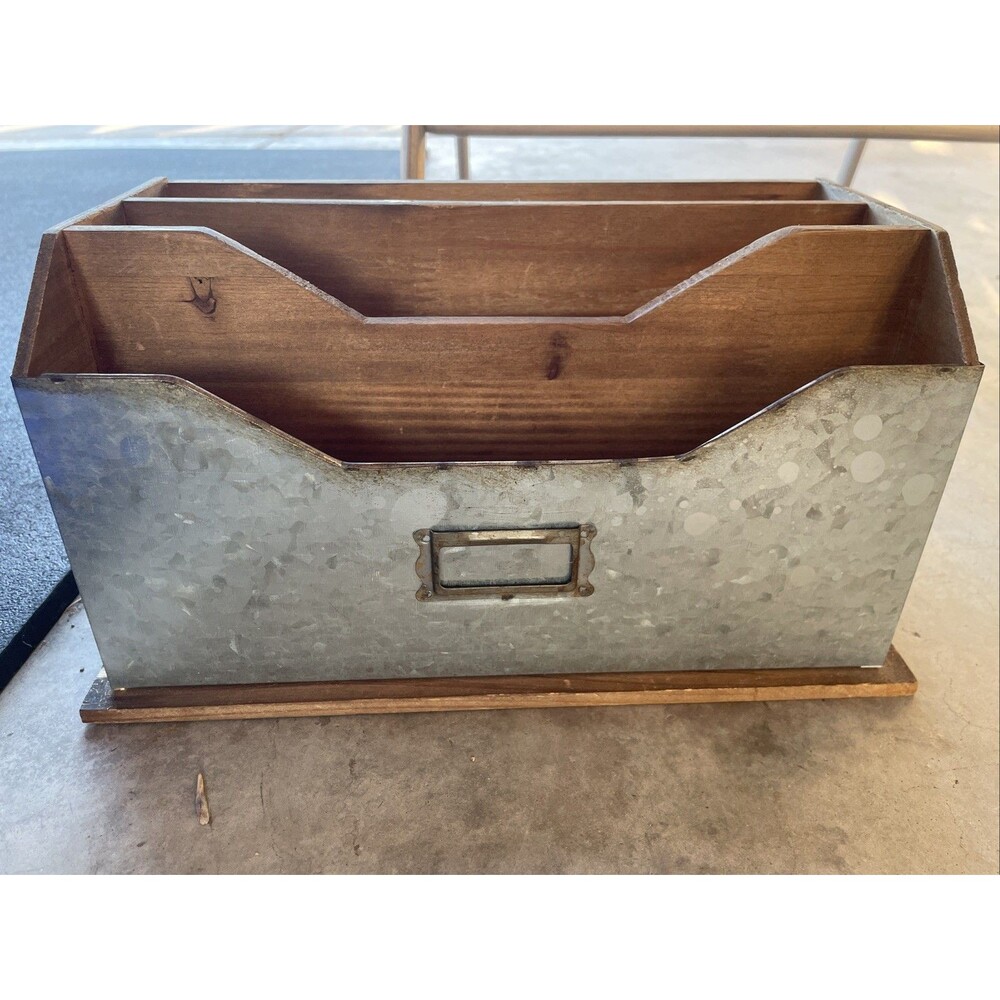 Rustic Galvanized Metal Wood Envelope Mail / Folder Holder Organizer Farmhouse